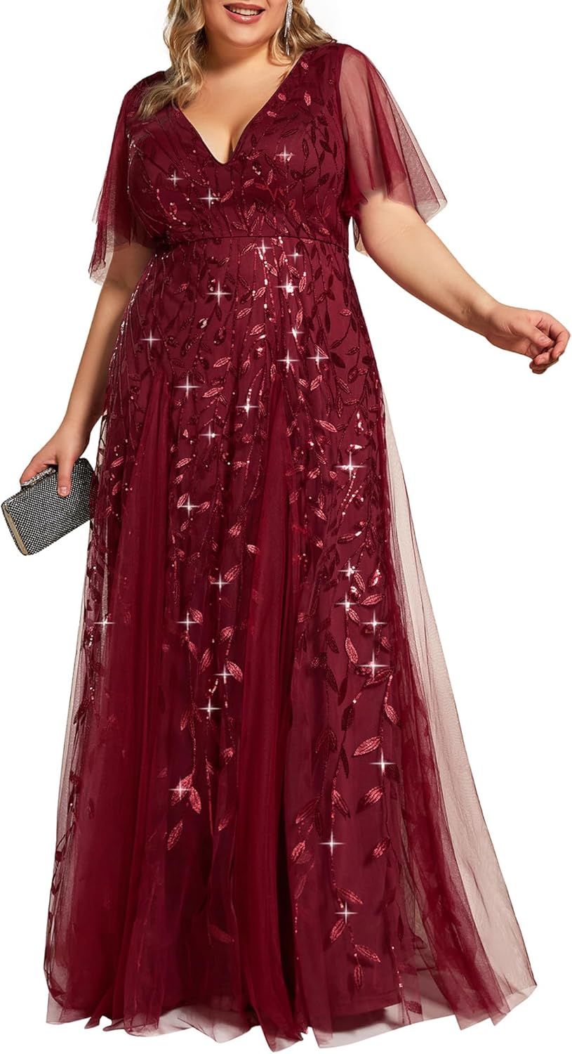Plus Size V-Neck Sequin Embroidery A Line Evening Dress