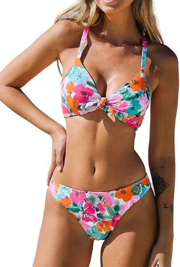 CUPSHE Women's Floral Print Knot Bunny Tie Two Piece Bikini Set