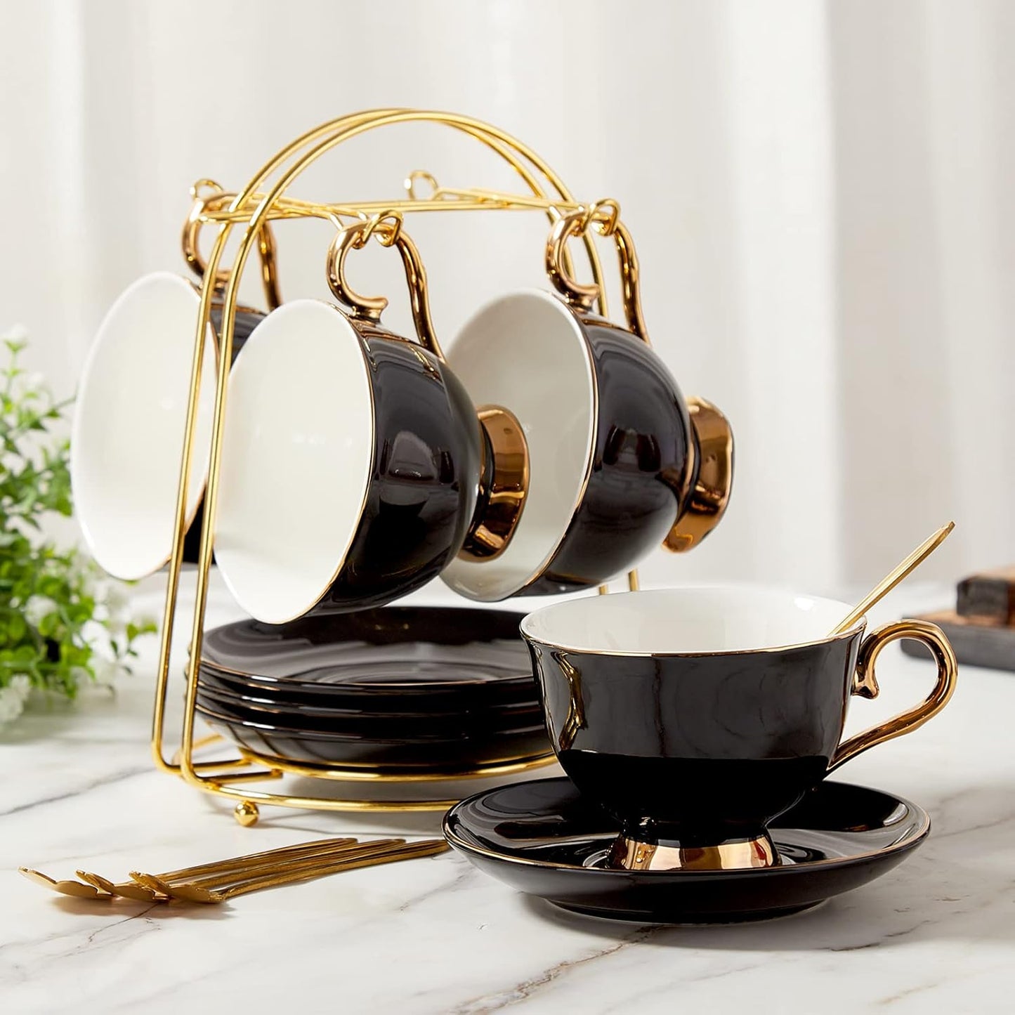 Luxury Black Tea Cups and Saucers Set of 4 with Gold Trim