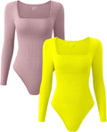 OQQ Women's Ribbed Square Neck Bodysuits 2-Pack - Stretchy Support