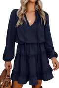 Long Sleeve Tie Neck Ruffle Tiered A-Line Mini Dress (Style 9SB1)