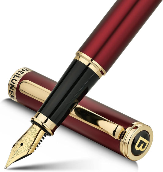 BEILUNER Red Fountain Pen with 24K Gold Finish for Writing
