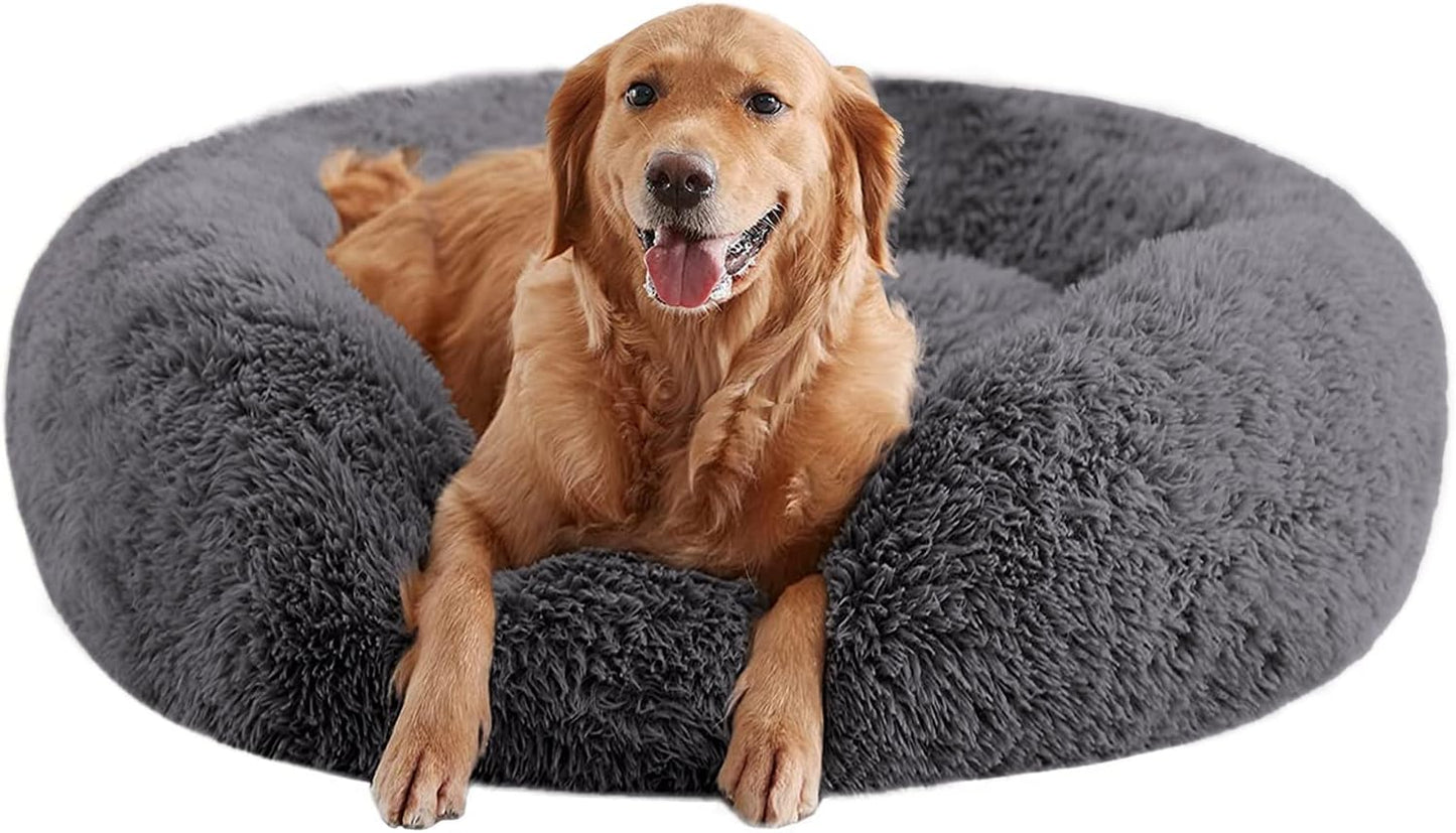 Calming Dog Beds for Large Dogs - Faux Fur Donut Cuddler