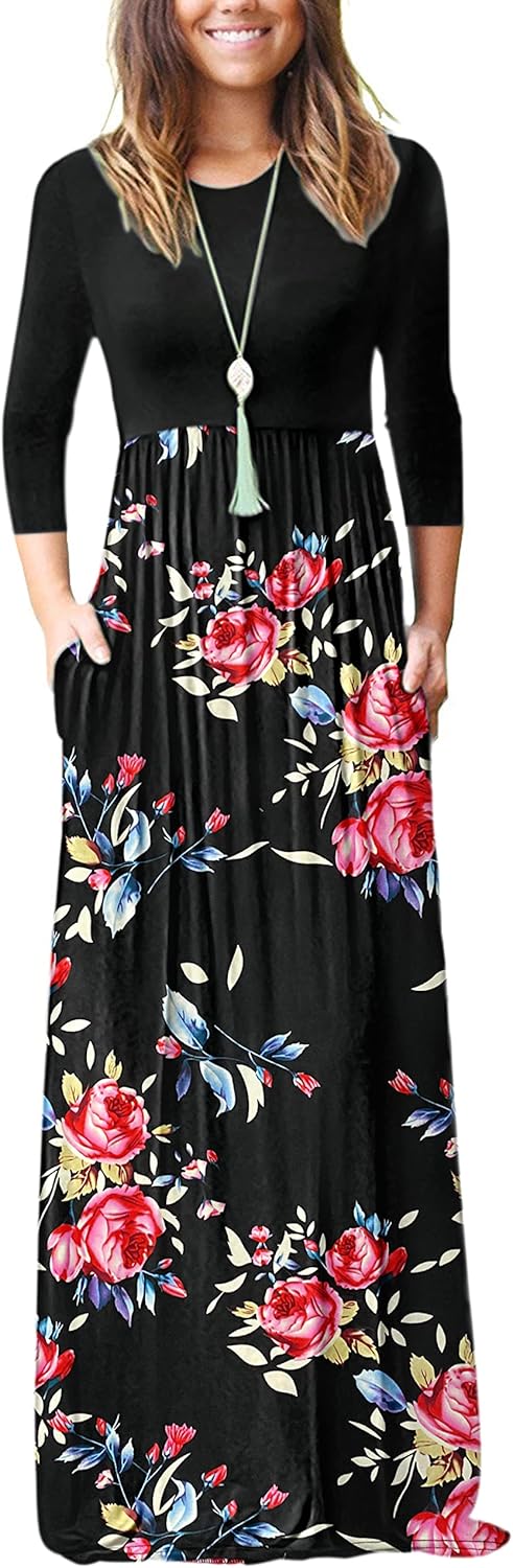 WNEEDU Women's 3/4 Sleeve Casual Maxi Dresses with Pockets