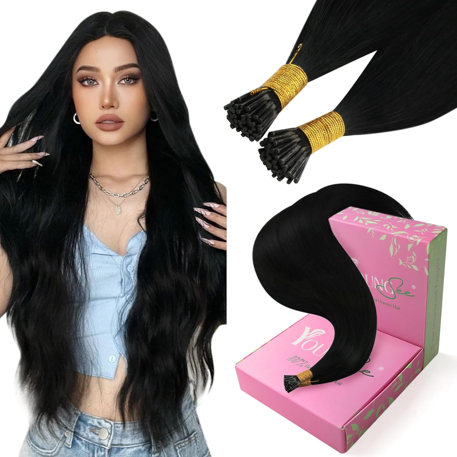 YoungSee I Tip Hair Extensions Black 22In Real Human Hair