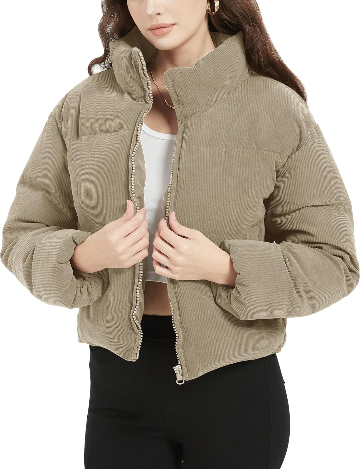 Flygo Womens Cropped Corduroy Puffer Jacket for Winter Style
