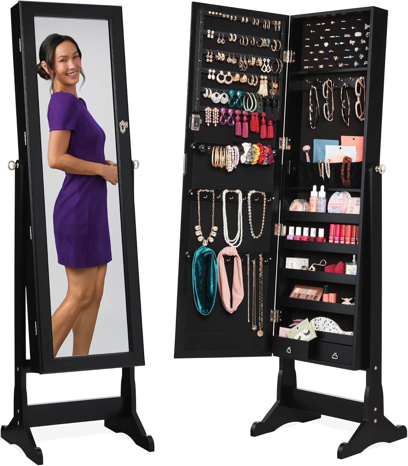 Freestanding Jewelry Armoire with Full Length Mirror and Storage