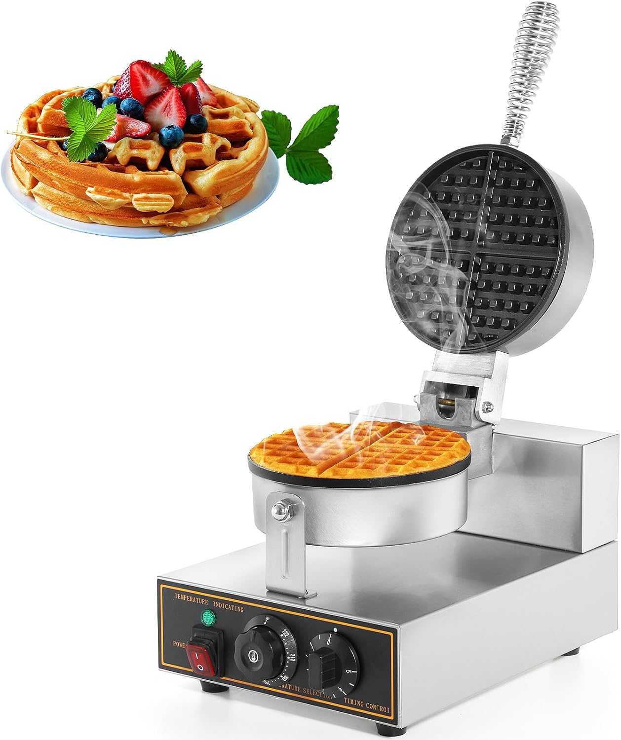 1200W Round Waffle Maker - Non-stick Steel