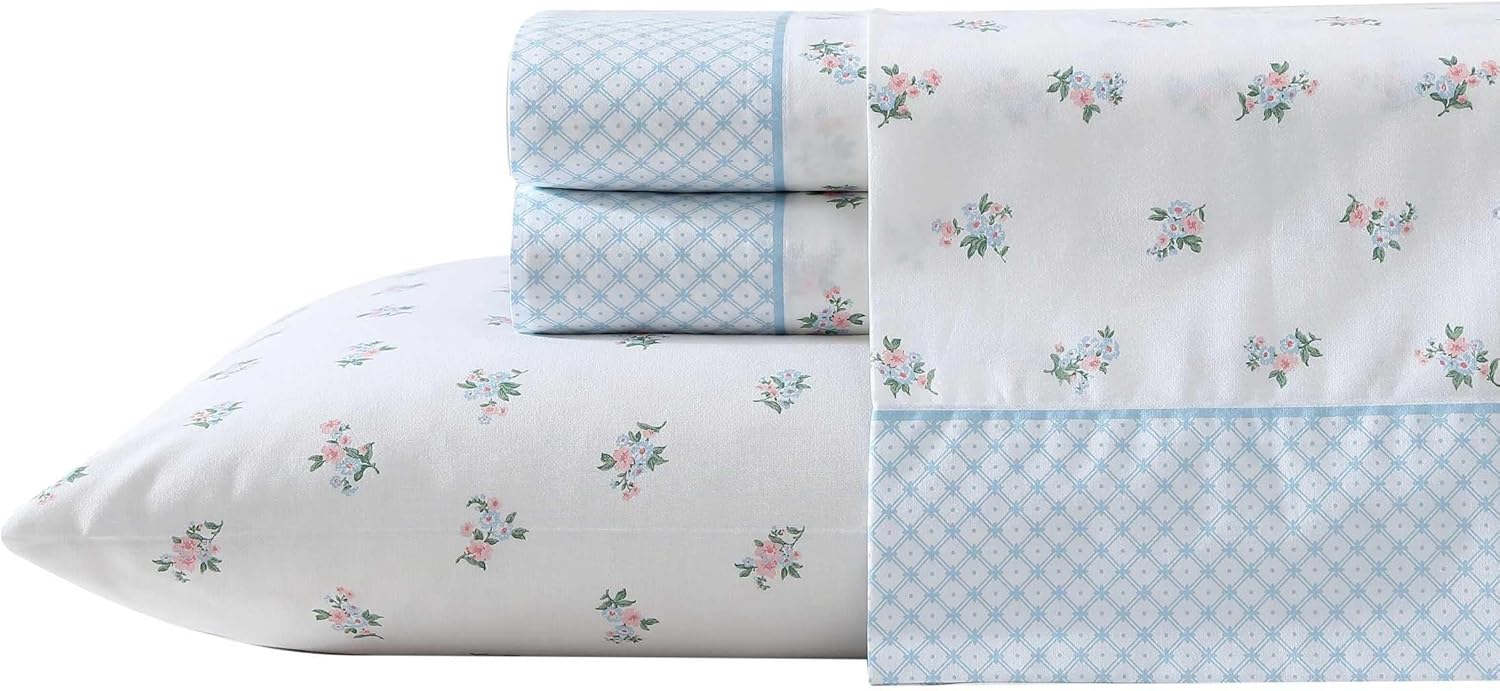 Laura Ashley Twin Sheet Set - Breathable Percale Cotton Bedding