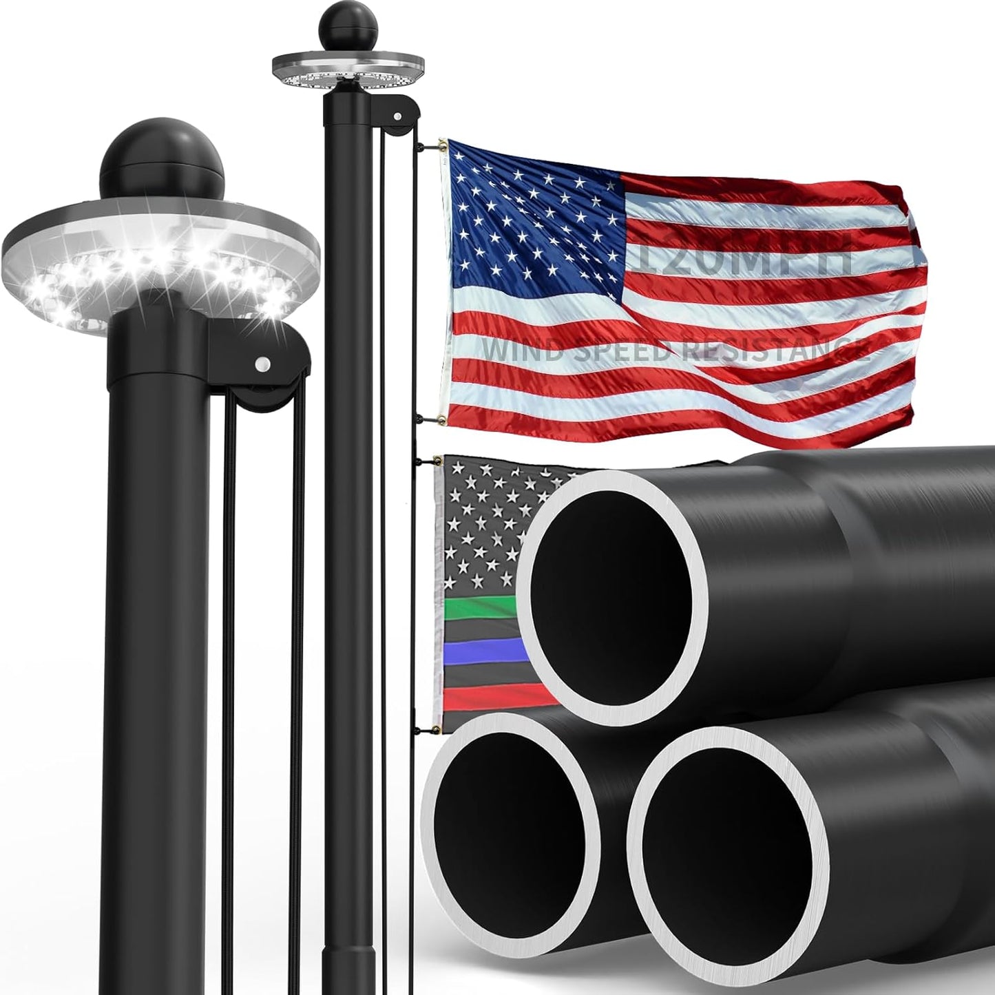 25FT Heavy Duty Aluminum Flagpole Kit with Solar Light and Banner