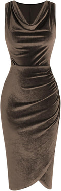Velvet Cowl Neck Midi Cocktail Dress - Flattering Ruched Fit ZAFUL