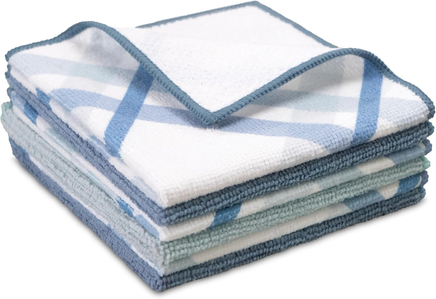 Microfiber Dish Cloths Set, 6PK w/ 3 Scrubbers, Blue/Plaid