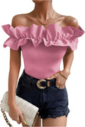 OYOANGLE Women's Ruffle Trim Off Shoulder Short Sleeve Blouse - Slim