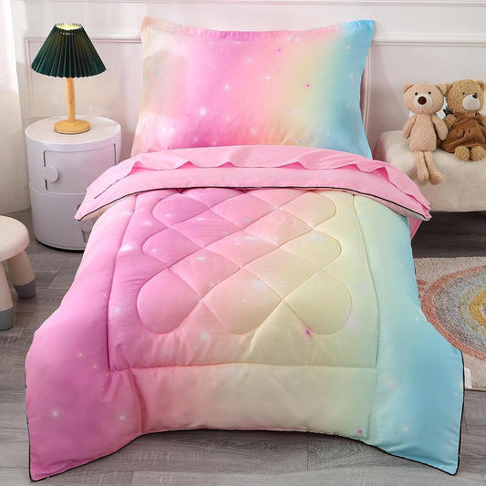 Wowelife 4 Piece Toddler Bedding Set for Girls in Pink Stars