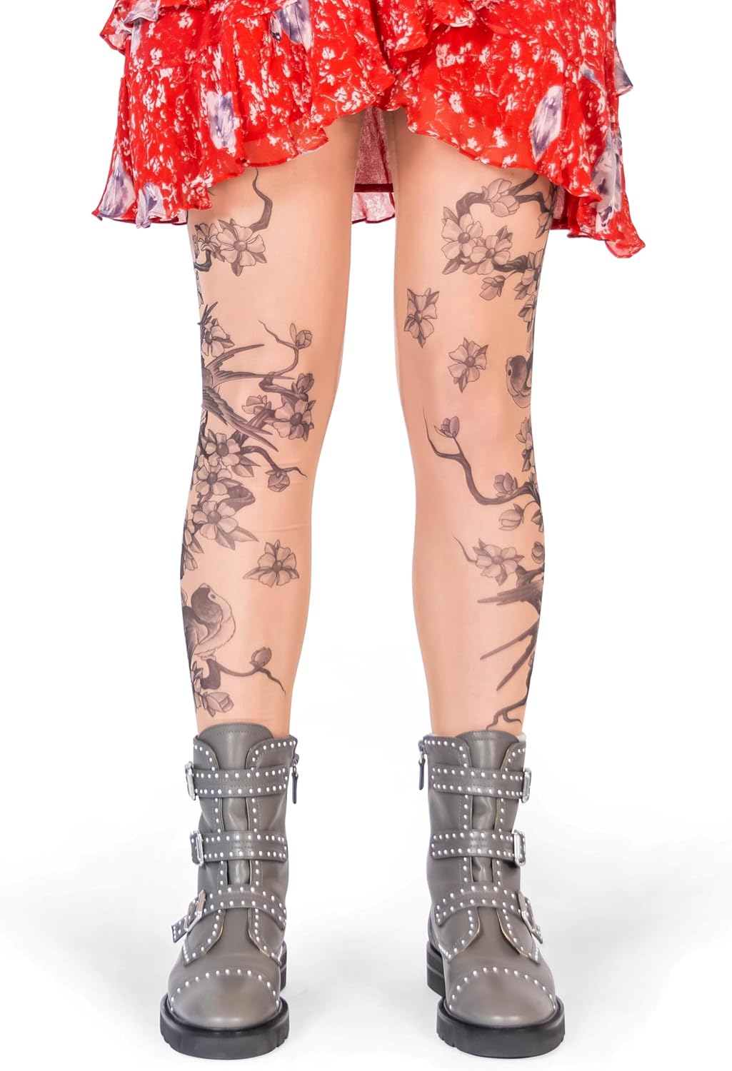 Wild Rose Ladies Grey Birds Tattoo Mesh Leggings for Comfort