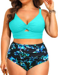 Plus Size Two Piece Swimsuit for Women - Aqua Floral High Waist