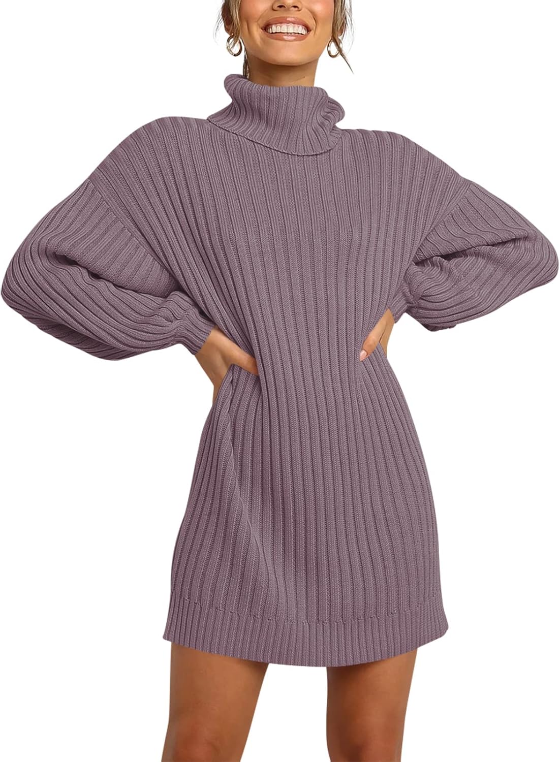 Oversized Sweater Dress for Women - Turtleneck Batwing Style