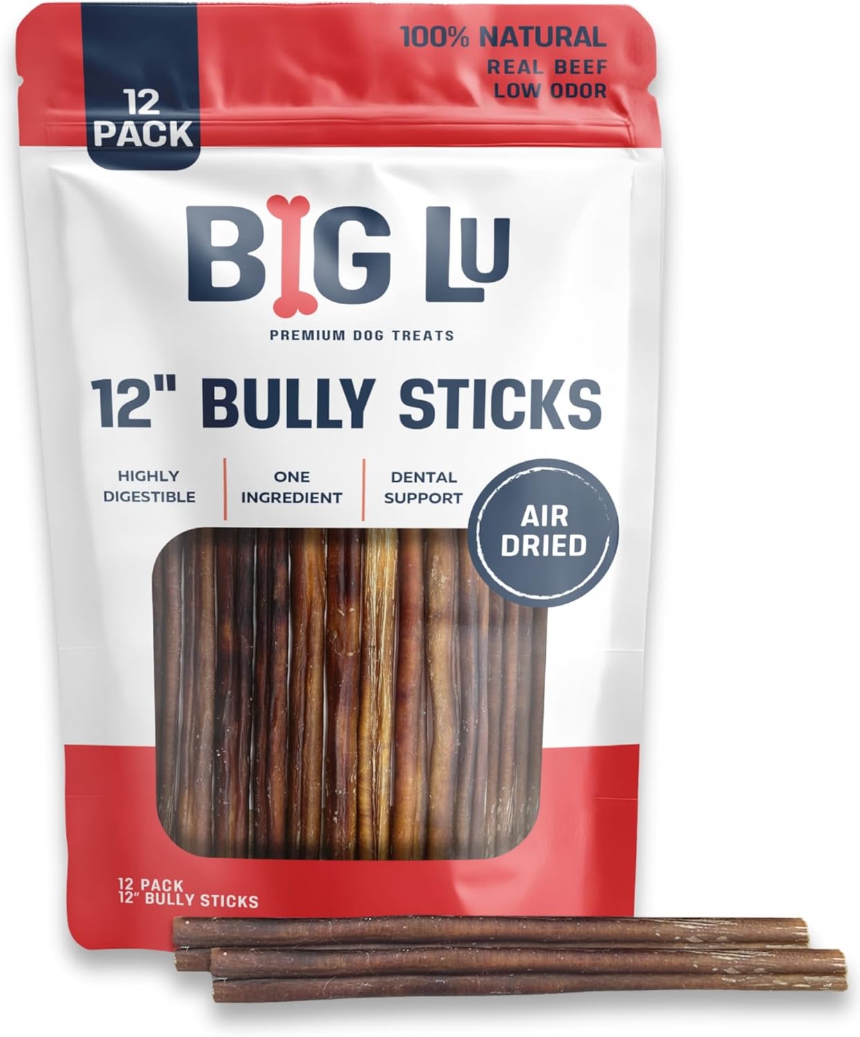 Bully Sticks for Dogs - 100% Grass-Fed Beef Chews, 12 Count