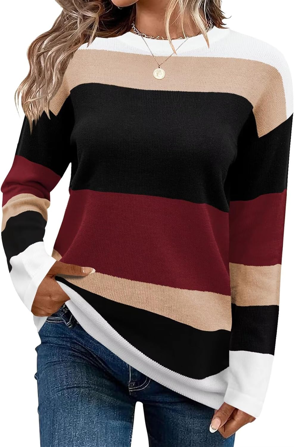 Cute Striped Sweaters for Women - Cozy Crew Neck Pullover