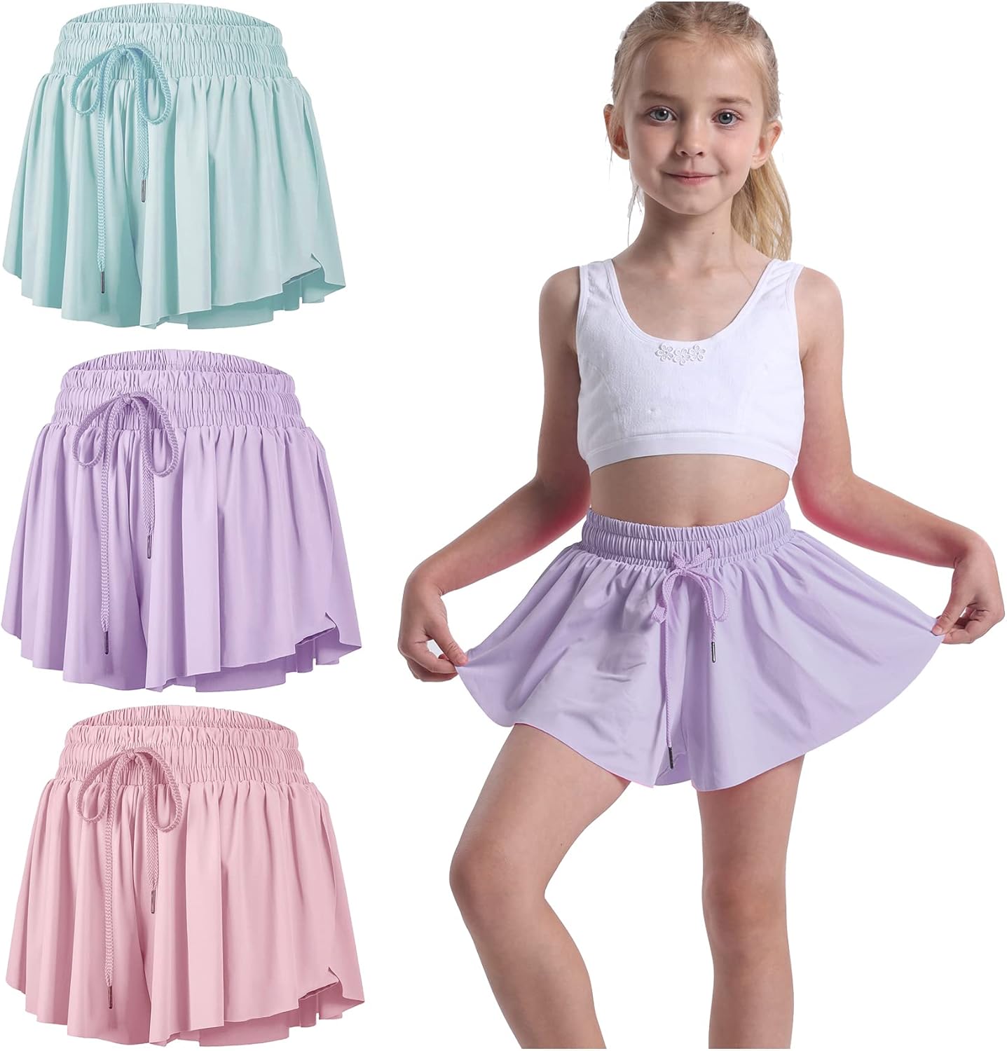 3 Pack Butterfly Flowy Shorts Skirts for Girls Sports Activities