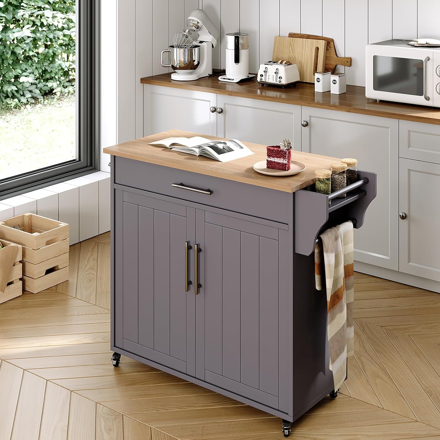 Jarenie Grey Rolling Kitchen Island - Organize in Style