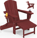 Folding Adjustable Adirondack Chair with Ottoman & Cup Holders - Red