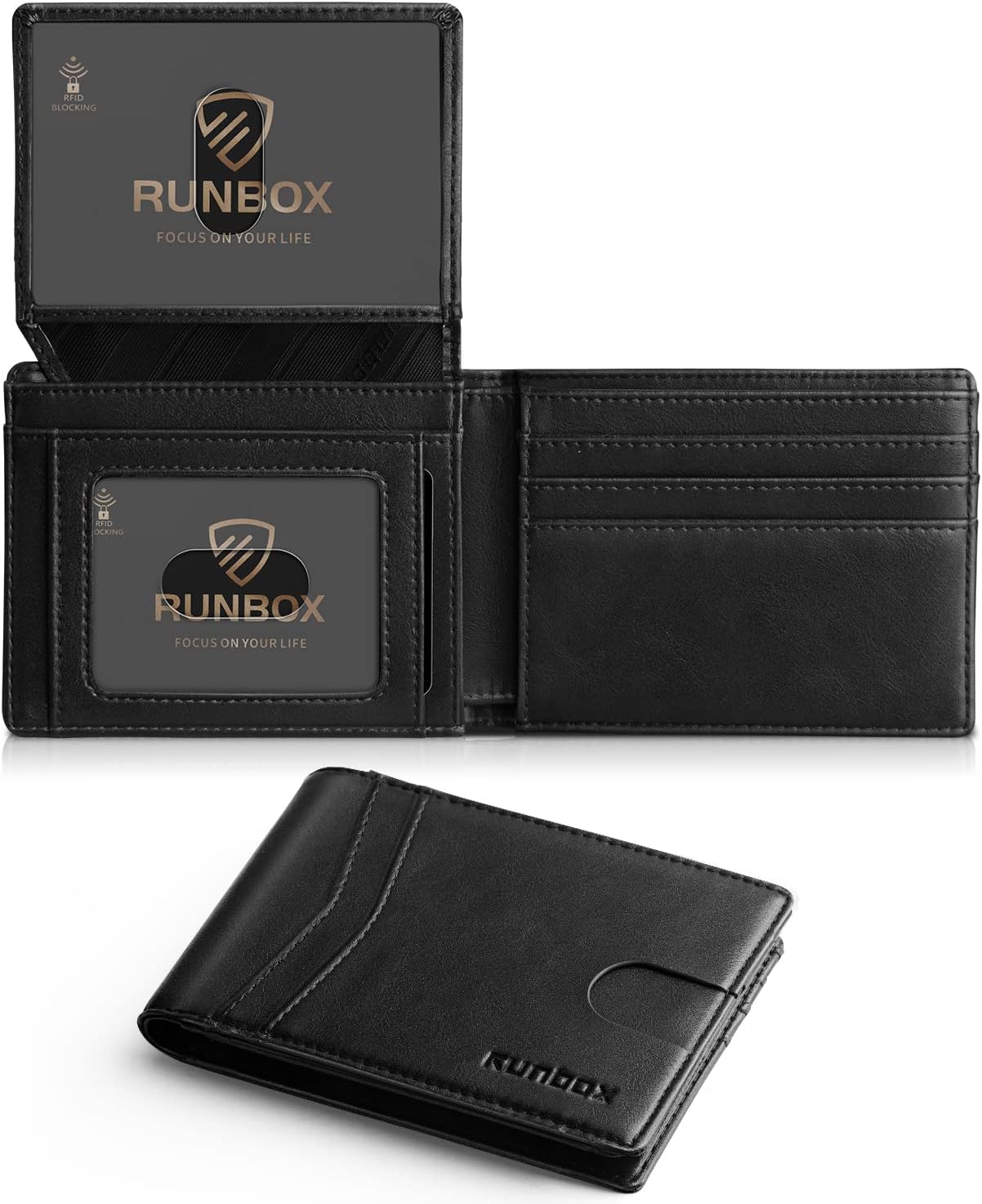 RUNBOX Wallet for Men Slim RFID Leather with 2 ID Windows