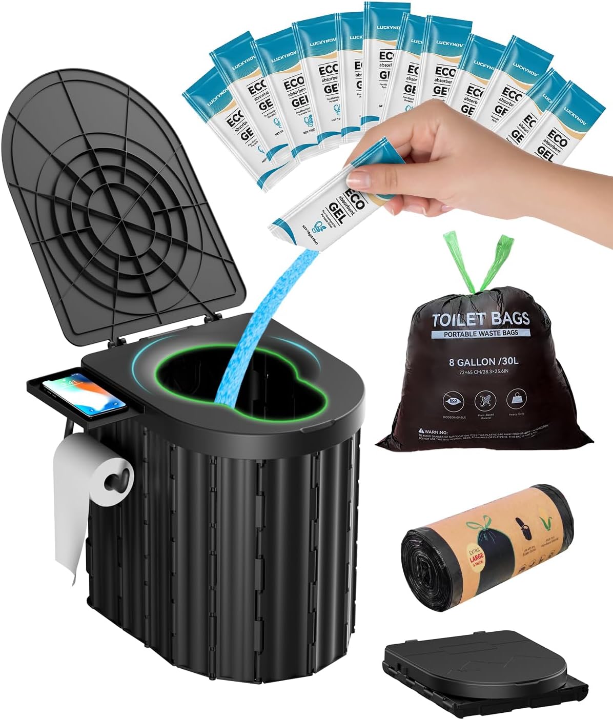 Portable Toilet with Urine Gel & Leak-Proof Bags for Travel