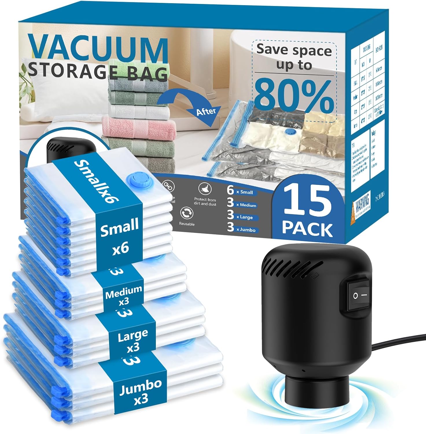 15 Pack Vacuum Seal Bags for Clothing with Electric Pump