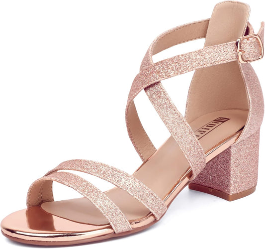 IDIFU Women's Block Low Chunky Heel Strappy Sandals for Weddings