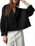 Womens Denim Tops Pullover V Neck Puff Sleeve Loose Fit - Casual Layer