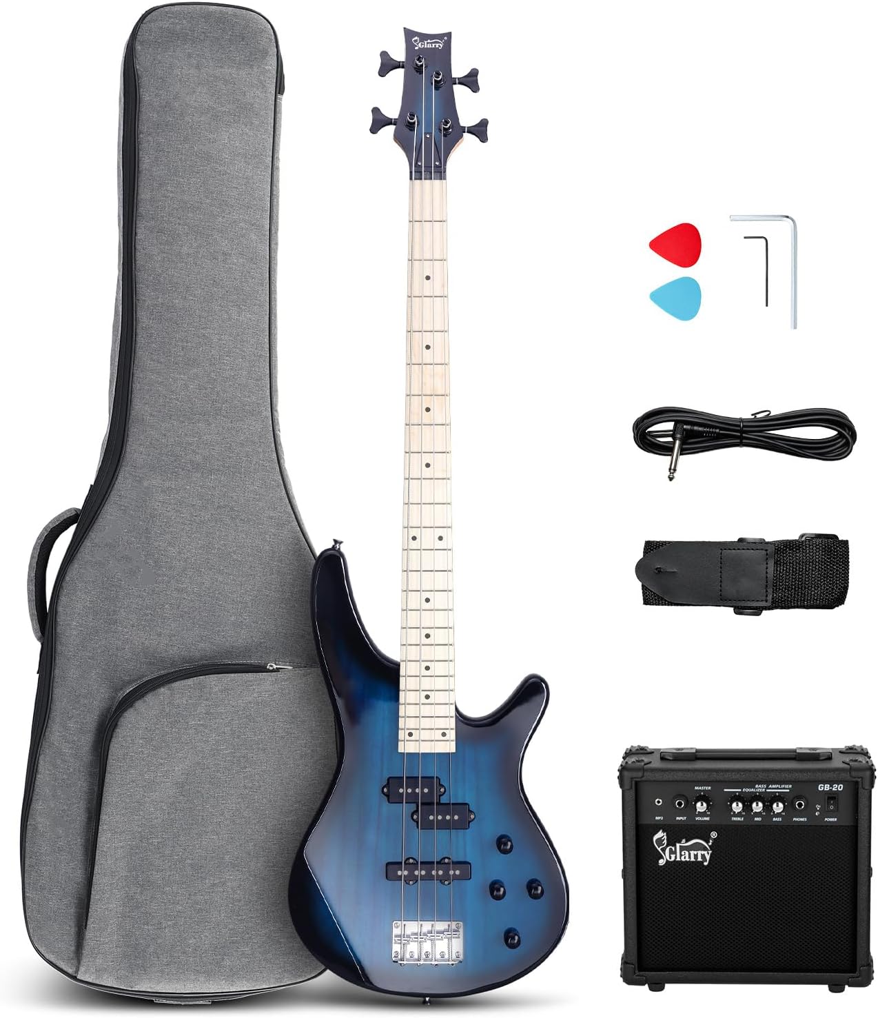 GLARRY 4 String Electric Bass Guitar Beginner Kit with AMP