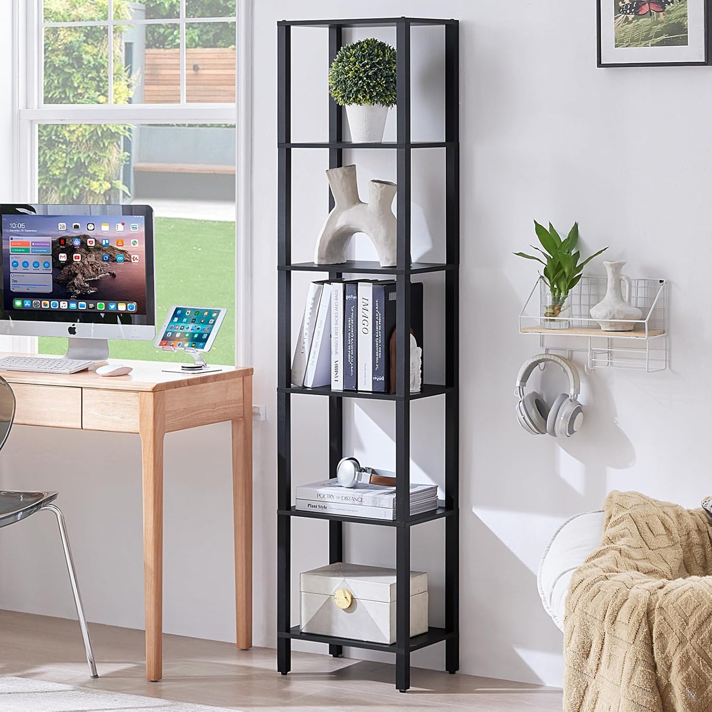 66in Tall Bookshelf - Slim 6-Tier Bookcase for Small Spaces