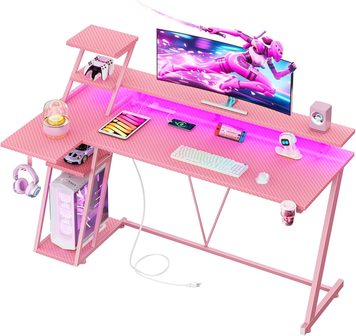 55 Inch Pink Gaming Desk with LED Lights & Power Outlet