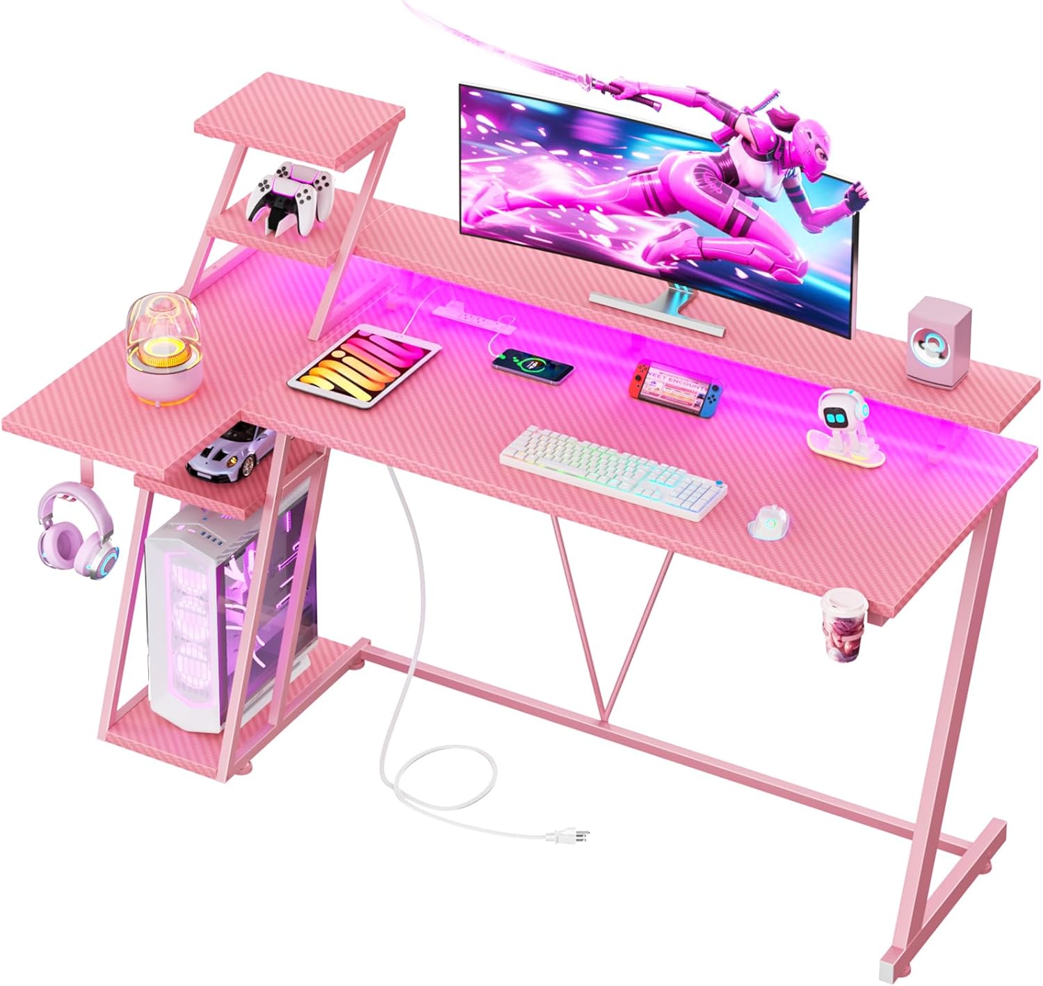 55 Inch Pink Gaming Desk with LED Lights & Power Outlet