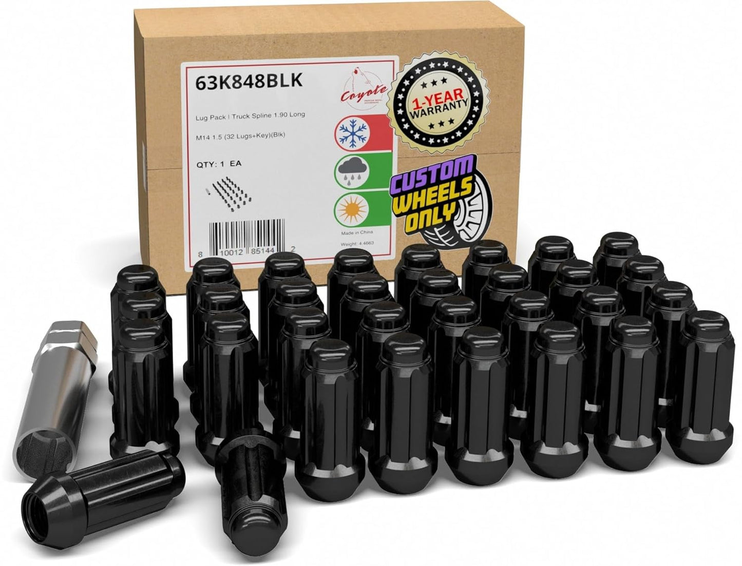 32 Pcs M14x1.5 Black Spline Lug Nuts for Trucks and SUVs