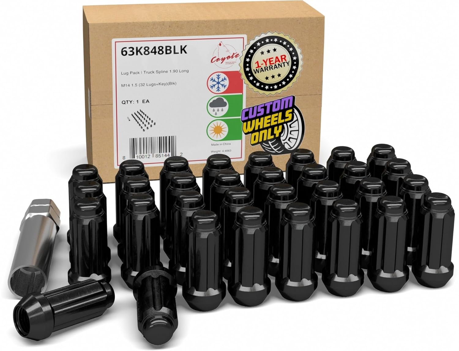 32 Pcs M14x1.5 Black Spline Lug Nuts for Trucks and SUVs
