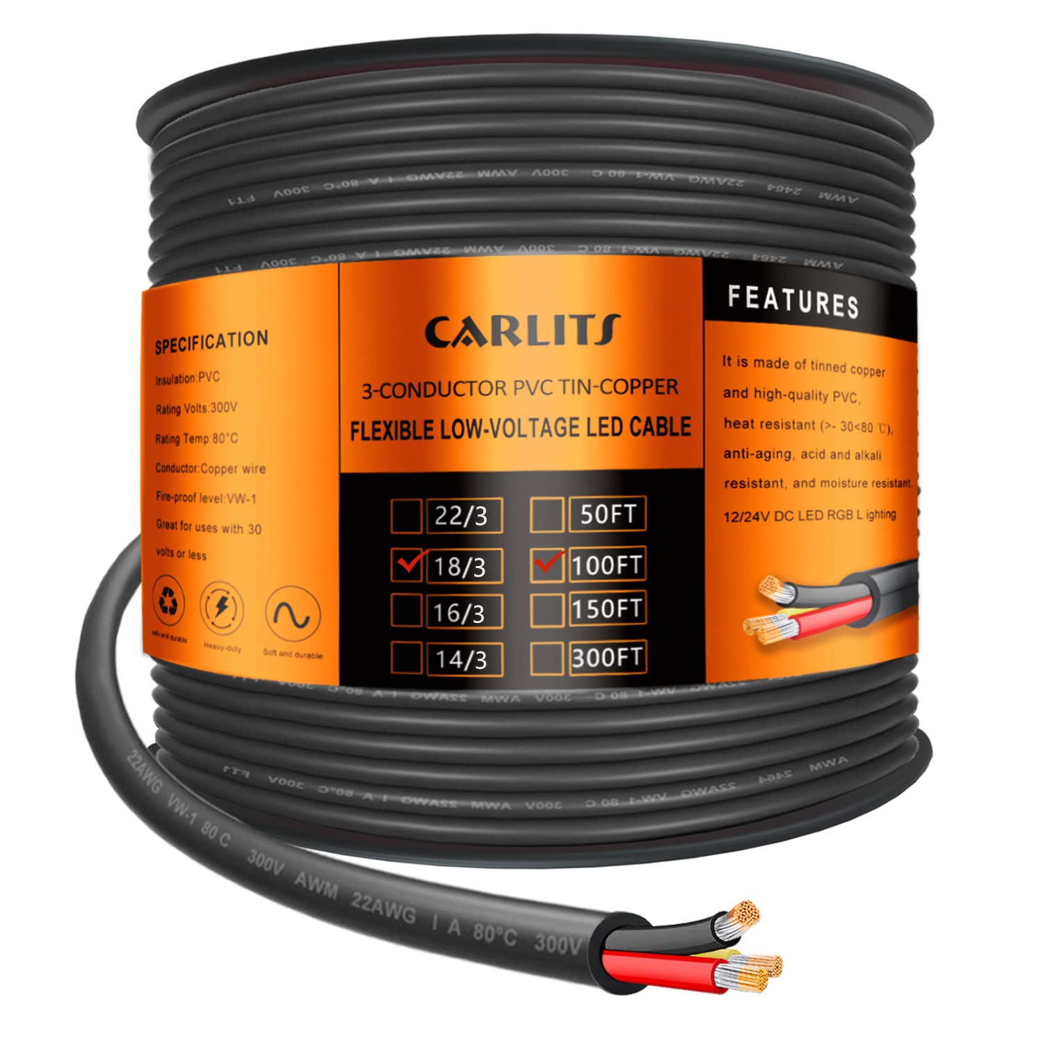 18 Gauge 3 Conductor Electrical Wire for LED Lamp Power Needs