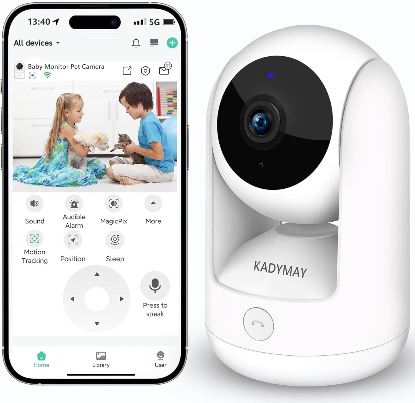 Kadymay Pet Camera: 2K HD Motion Tracking, Instant 1-Key Call