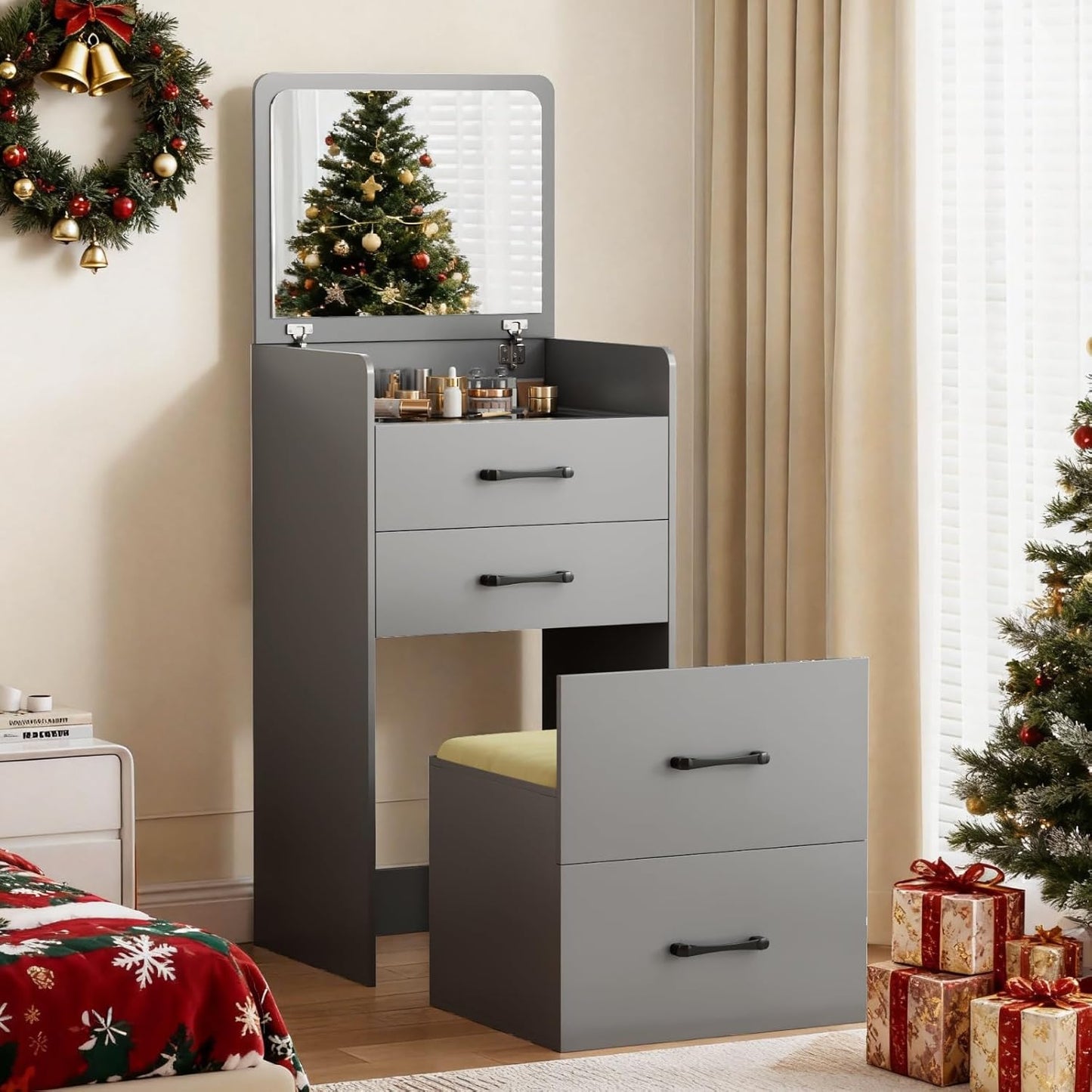 3 in 1 Make Vanity Desk with Flip Top Mirror for Small Spaces