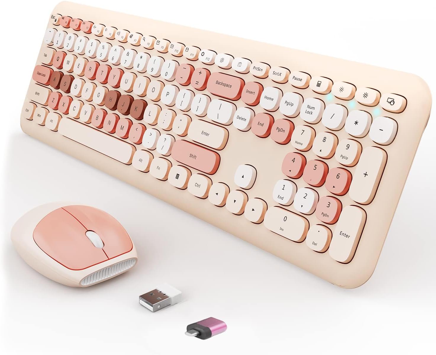 Colorful Retro Wireless Keyboard & Mouse- Low-Noise, Cute Keycaps, Windows/PC Compatible