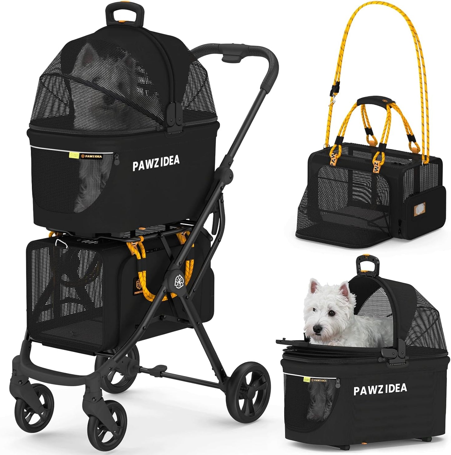 PAWZIDEA Double Pet Stroller with Detachable Carriers for Travel
