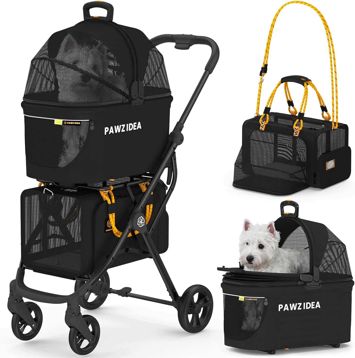 PAWZIDEA Double Pet Stroller with Detachable Carriers for Travel