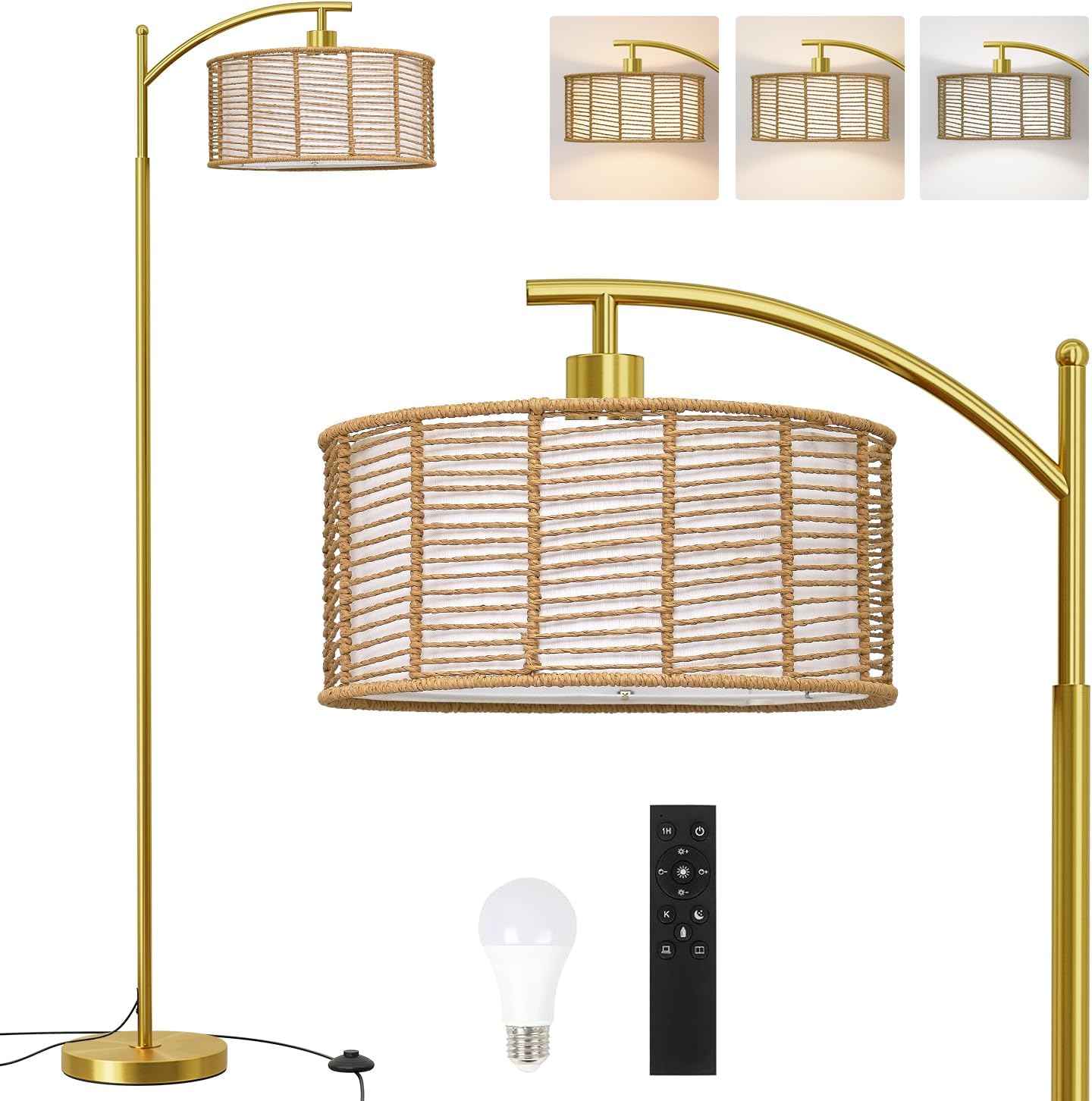 62.5ft' Gold Arc Floor Lamp for Living Room with Remote Control