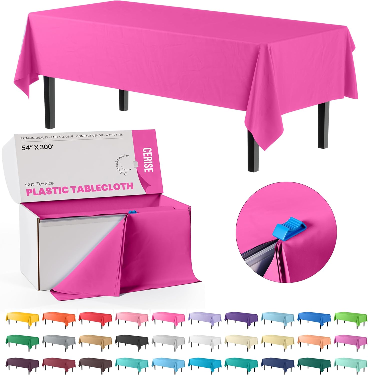 Party Solids 54 Inch X 300 Feet Cerise Plastic Table Cover Roll