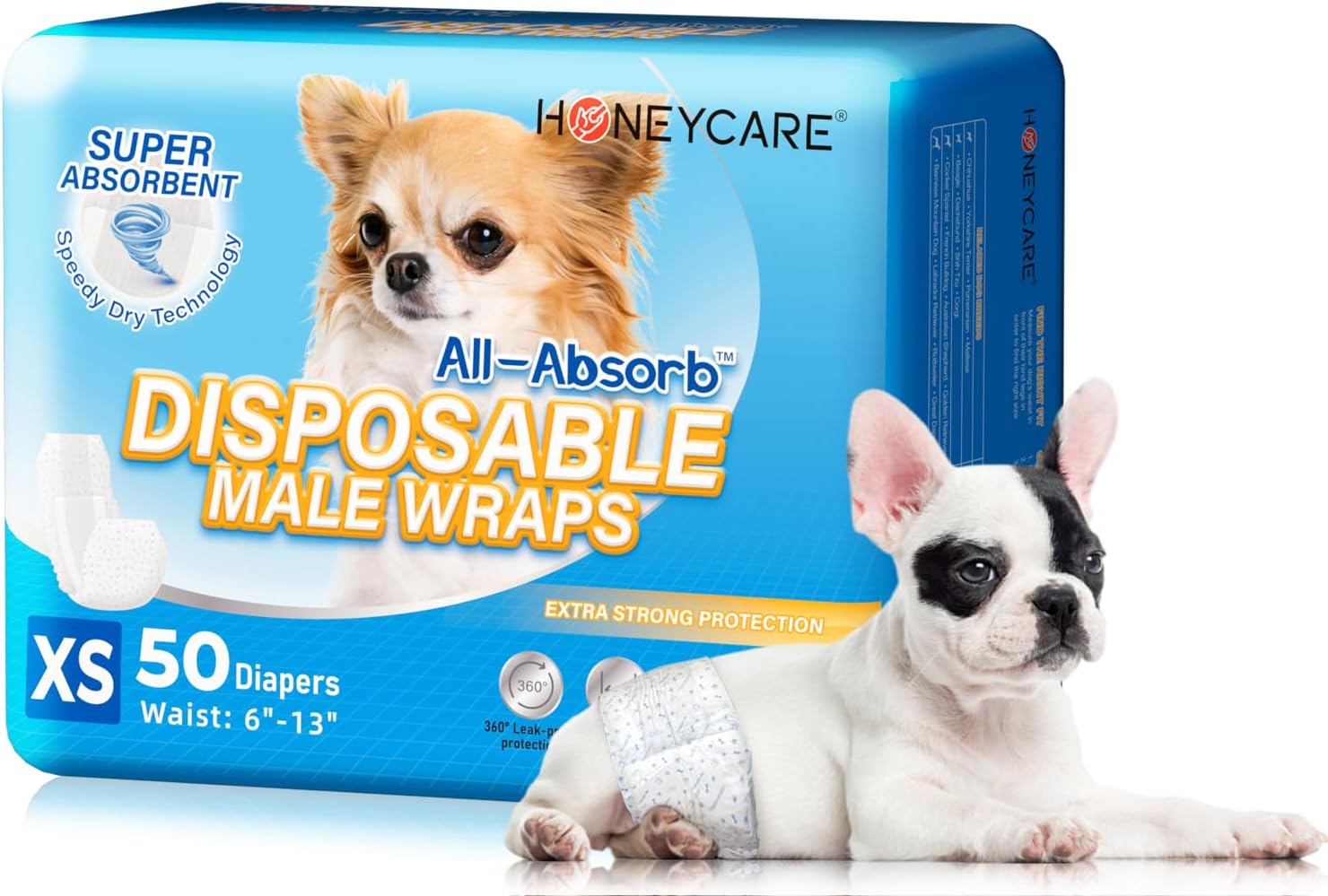 HONEY CARE A27 Male Dog Wrap, 50 Count, XS - Leakproof Protection