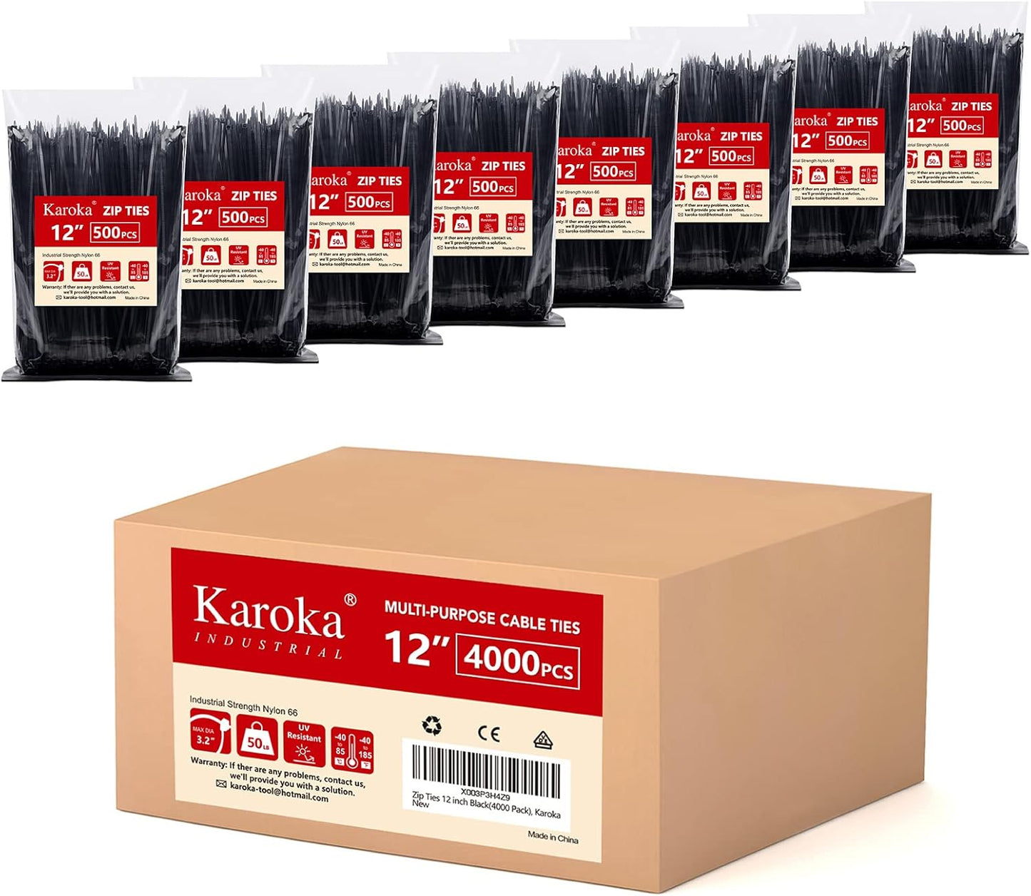 Karoka Black Zip Ties 12 inch (4000 Pack) - Strong, UV Resistant Cable Ties