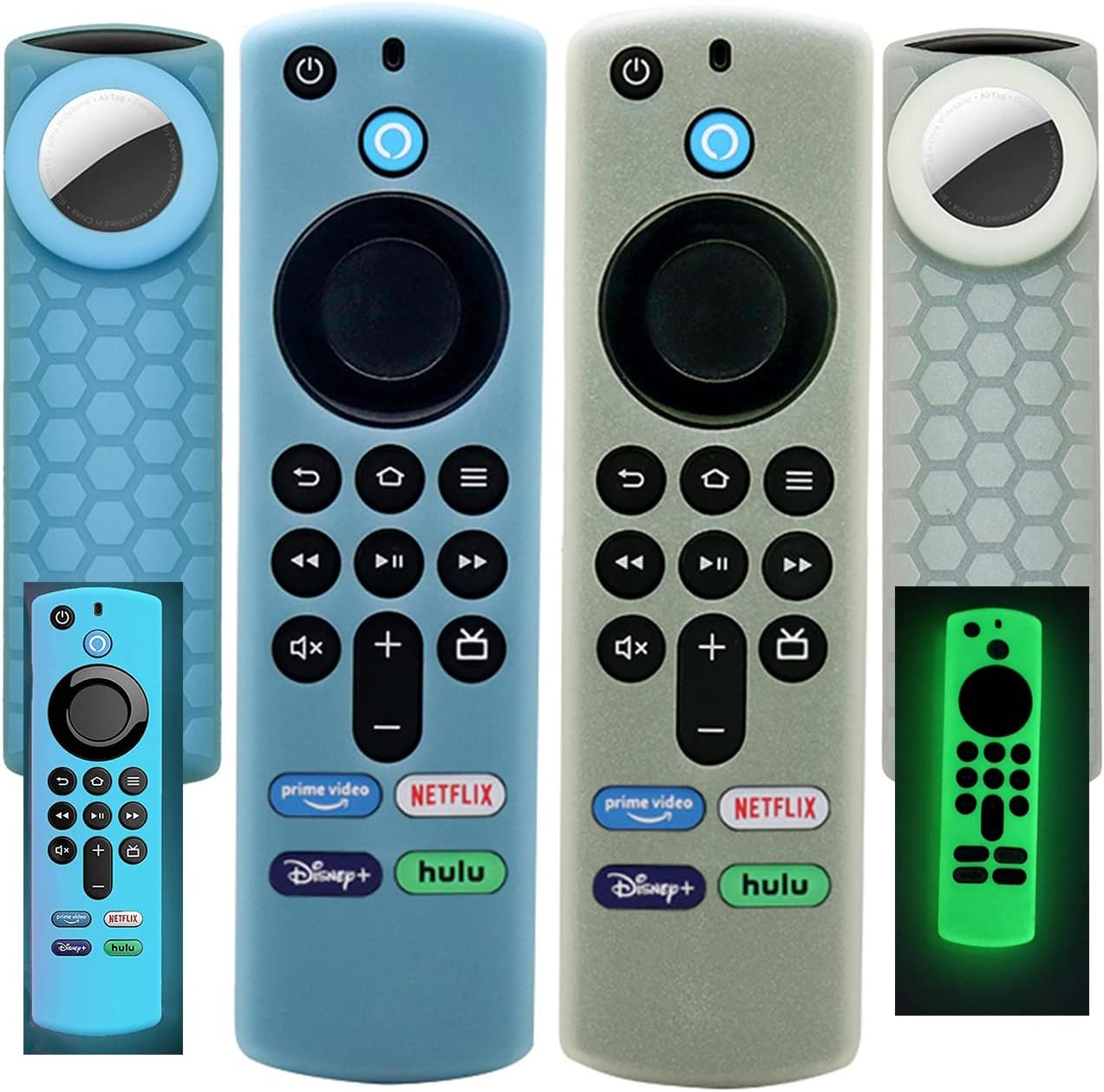 Glow-in-Dark TV Stick Remote Cover [2 Pack] with Airtag Holder - Green & Blue