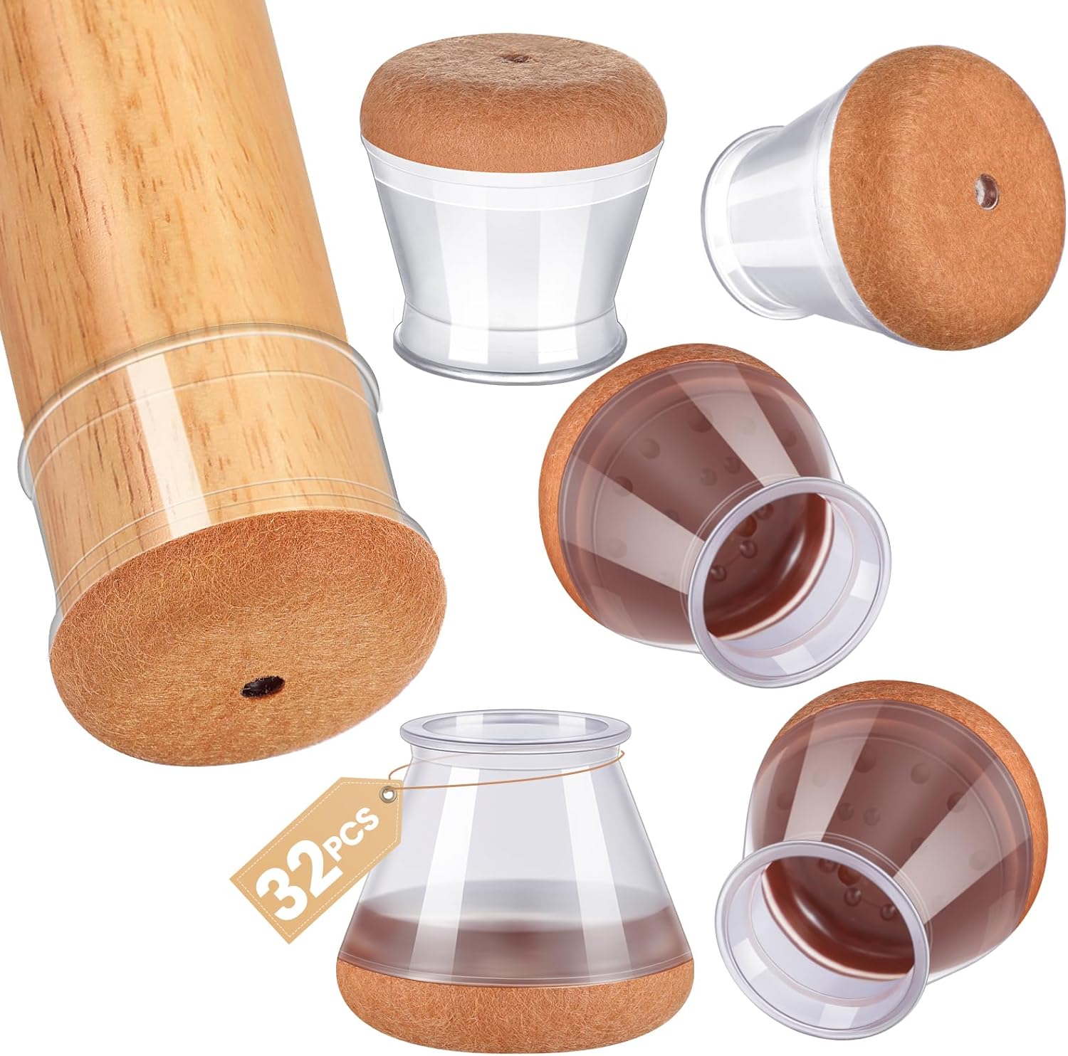 GEMOWN Clear Rubber Chair Sliders - Protect Hardwood Floors - Set of 32