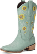 Cowgirl Boots for Women Mid Calf Sunflower Embroidered Square Toe